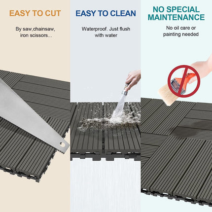 Goovilla Wood Plastic Composite Interlocking Patio Deck Tiles 9 Pack (9 sq. ft), 12"x12" Waterproof Indoor Outdoor Flooring All Weather Use, Balcony Floor Covering Tile, Decking Tiles, Dark Grey.