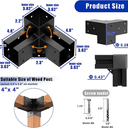 Goovilla Pergola Kit, 304 Stainless Steel Pergola Brackets 4x4(inner 3.62"x3.62"), 4Pack Coated 3-Way Right Angle Corner Bracket, Heavy Duty Metal Wood DIY Pergola Hardware Kit for Gazebo 4"x4” Lumber.