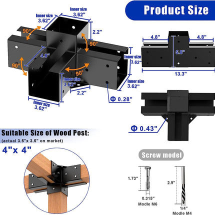 VANCASTLE Pergola Kit, 304 Stainless Steel Pergola Brackets 4x4(inner 3.62"x3.62"), 2Pack Coated 4-Way Right Angle Corner Bracket, Heavy Duty Metal Wood DIY Pergola Hardware Kit for Gazebo 4”x4” Lumber.