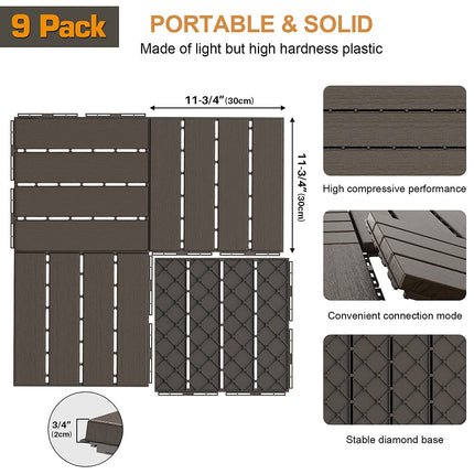 Goovilla Plastic Interlocking Deck Tiles, 9 Pack Patio Deck Tiles, 12"x12" Waterproof Outdoor Flooring All Weather Use, Patio Floor Decking Tiles for Porch Poolside Balcony Backyard, Dark Coffee.