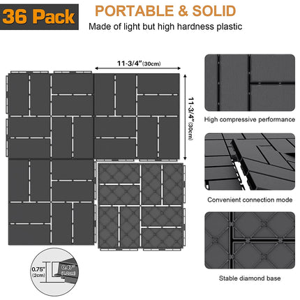 Goovilla Plastic Interlocking Deck Tiles, 36 Pack Outdoor Patio Flooring, 12"x12" Interlocking Decking Tile Outdoor All Weather Use, Waterproof Patio Pavers for Pool Balcony Backyard Porch, Dark Grey.