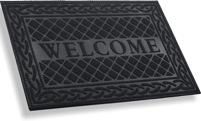 Mibao Welcome Front Door Mat, Outdoor Mats for Patio Waterproof Quick Dry, Doormat Indoor Outdoor Entrance, Heavy Duty Easy Clean Non Slip Rubber Mats, 18X30 Inches, Black.