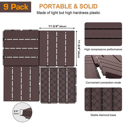 Goovilla Plastic Interlocking Deck Tiles, 9 Pack Patio Deck Tiles, 12"x12" Waterproof Outdoor Flooring All Weather Use, Patio Floor Decking Tiles for Porch Poolside Balcony Backyard, Dark Brown.