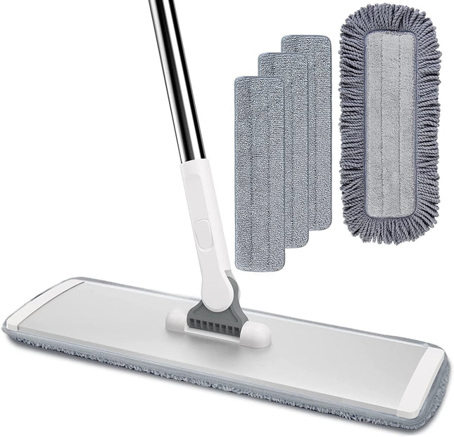 Bonpally Microfiber Mops for Floor Cleaning System, Flat Dust Mop for Hardwood Floors, Professional Commercial Wet & Dry Mop, Household Cleaning Supplies with Extendable Handle, 4 Reusable Mop Pads.