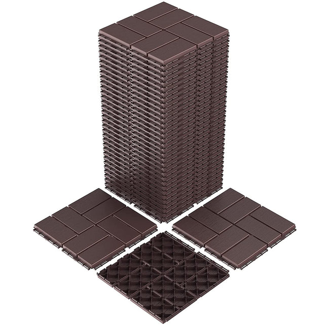 Goovilla Plastic Interlocking Deck Tiles, 36 Pack Outdoor Patio Flooring, 12"x12" Interlocking Decking Tile Outdoor All Weather Use, Waterproof Patio Pavers for Pool Balcony Backyard Porch, Dark Brown.