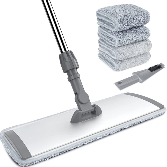 Bonpally 18" Microfiber Mop Floor Cleaning System, Flat Mop for Hardwood Floor, Professional Commercial Mop, Wet and Dust Mop with Extendable Handle, 4 Reusable Mop Pads, Household Cleaning Tools,Grey.