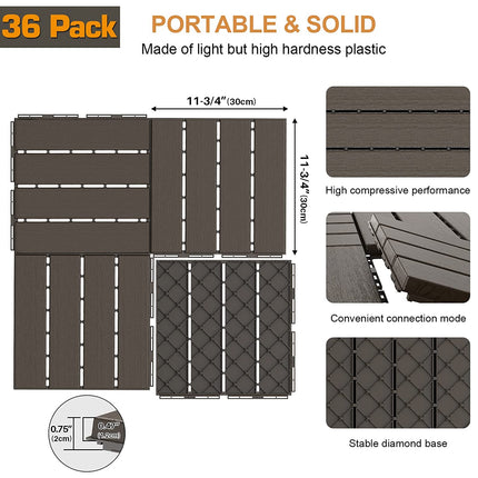 Goovilla Plastic Interlocking Deck Tiles, 36 Pack Patio Deck Tiles, 12"x12" Waterproof Outdoor Flooring All Weather Use, Patio Floor Decking Tiles for Porch Poolside Balcony Backyard, Dark Coffee.