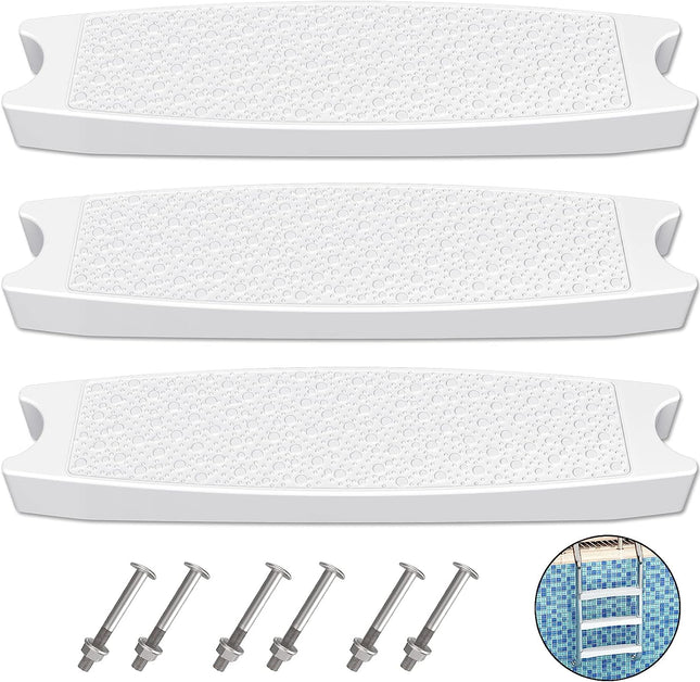 Goovilla Pool Ladder Steps Replacement, (3-Pack) 18" Universal Heavy-Duty Molded Plastic Swimming Pool Ladder Rung Step with 6 PCS Stainless Steel Bolts for Inground and Above Ground Pools, White.