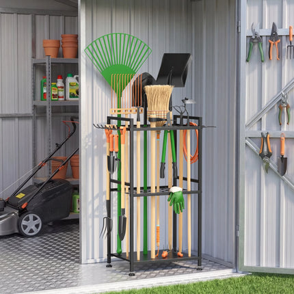 Garden Tool Organizer Rack with Hooks and wheels, Holds Up to 35 Long-Handled Tools, Rakes and Brooms, Metal Steel Stand for Shed or Outdoor Storage Backyard