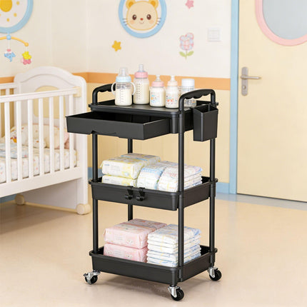 Yeabett 3 Tier Rolling Storage Carts with Removable Drawers, Lockable Wheels, Hooks & Cup Holders – Easy Assembly Storage Organizer for Kitchen, Bathroom, Office, Craft Room, Makeup, Black