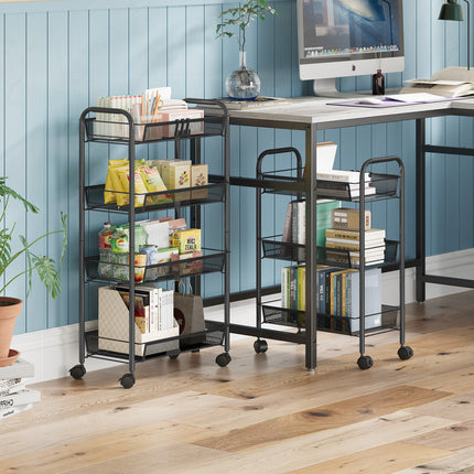 Yeabett 3-Tier Slim Metal Rolling Storage Cart,Mobile Shelving Organizer Utility with Wheels & 4 Side Hooks, Unit Slide Out Mesh Storage Cart for Kitchen Bathroom Pantry