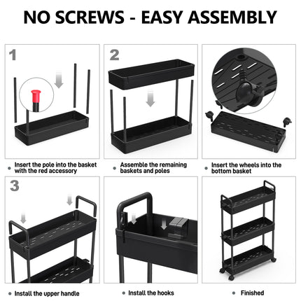 Yeabett Slim Rolling Storage Cart with Wheels 3 Tier Skinny Bathroom Storage Organizer Thin Laundry Room Utility Cart Space-Saving for Bedside Kitchen Office Small Narrow Places, Black