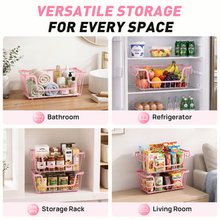 SUNALLY Stackable Metal Wire Baskets for Pantry Organizer, 4/6-Pack Kitchen Countertop Storage Potato Onion Vegetable Fruit Basket, Freezer Organizer Bins with Handle