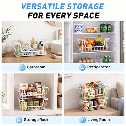SUNALLY Stackable Metal Wire Baskets for Pantry Organizer, 4/6-Pack Kitchen Countertop Storage Potato Onion Vegetable Fruit Basket, Freezer Organizer Bins with Handle