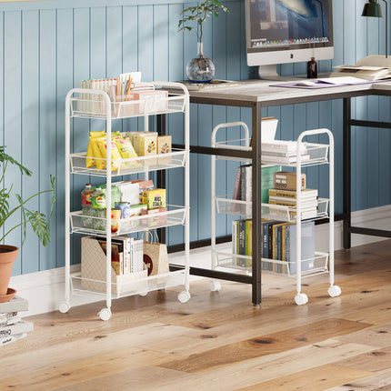 Yeabett 3-Tier Slim Metal Rolling Storage Cart,Mobile Shelving Organizer Utility with Wheels & 4 Side Hooks, Unit Slide Out Mesh Storage Cart for Kitchen Bathroom Pantry