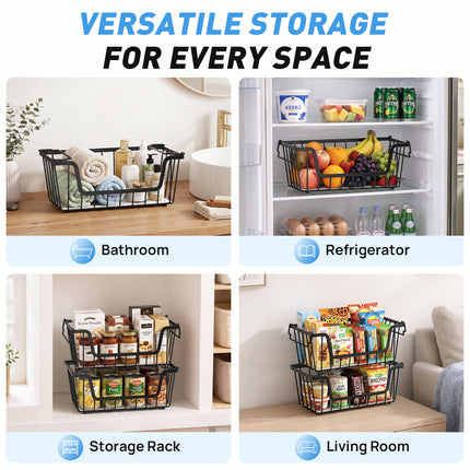 SUNALLY Stackable Metal Wire Baskets for Pantry Organizer, 4/6-Pack Kitchen Countertop Storage Potato Onion Vegetable Fruit Basket, Freezer Organizer Bins with Handle