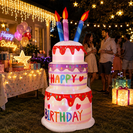 Yeabett 6 ft Happy Birthday Inflatable Cake with Rotating Colorful LED Lights, Indoor Outdoor Birthday Party Yard Lawn Garden
