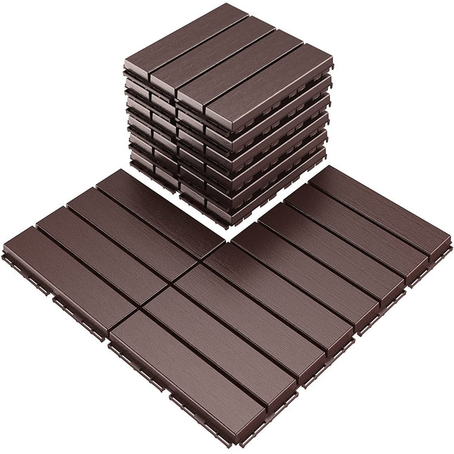 VANCASTLE Plastic Interlocking Deck Tiles, 12"x12"(Pack of 9), Patio Flooring Outdoor Waterproof All Weather Use, Outdoor Flooring for Patio Garden Poolside Front/Back Yard, Dark Brown-Straight.