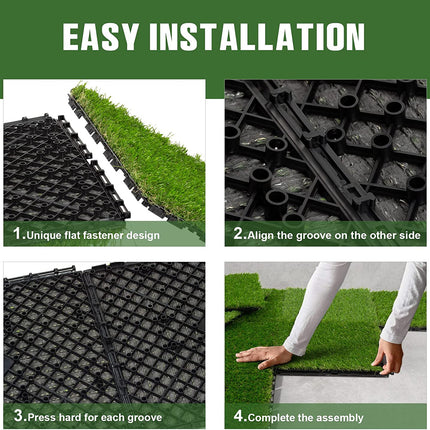 VANCASTLE Artificial Grass Turf Tiles Interlocking Set 9 Pieces, Fake Grass Tiles Self-draining for Pet Indoor/Outdoor Flooring Decor, 12"x12".