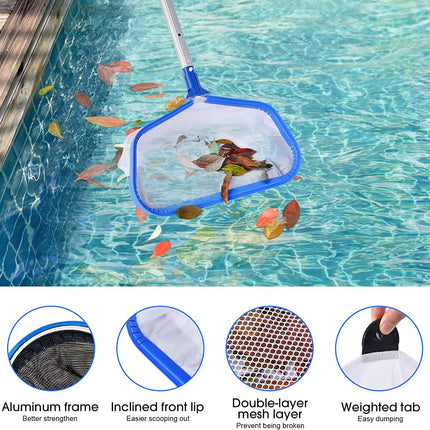 Goovilla Pool Net, Pool Skimmer Net with Double-Layer Deep Bag, Heavy Duty Aluminum Frame Swimming Pool Leaf Skimmer Rake Net with Fine Mesh, Large Pool Cleaning Net for Pond Spa Pool, Blue (No Pole).