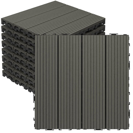 Goovilla Wood Plastic Composite Interlocking Patio Deck Tiles 9 Pack (9 sq. ft), 12"x12" Waterproof Indoor Outdoor Flooring All Weather Use, Balcony Floor Covering Tile, Decking Tiles, Dark Grey.