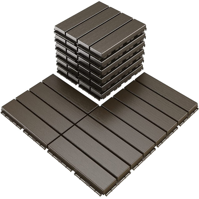 VANCASTLE Plastic Interlocking Deck Tiles, 12"x12"(Pack of 9), Patio Flooring Outdoor Waterproof All Weather Use, Outdoor Flooring for Patio Garden Poolside Front/Back Yard, Dark Coffee-Straight.