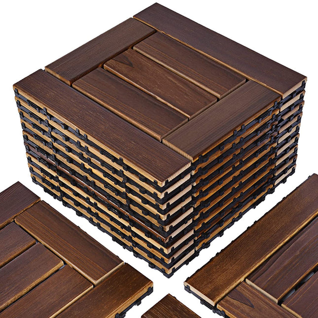 VANCASTLE 9PCS Wood Interlocking Deck Tiles 12"x12", Patio Flooring Outdoor Waterproof All Weather Use, Wood Flooring for Patio Garden Poolside Front/Back Yard, Walnut-Checked.