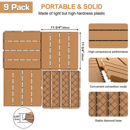 Goovilla 9 sq. ft Plastic Interlocking Deck Tiles，9PCS Waterproof Patio Balcony Flooring, 12"x12" Outdoor Interlocking Deck Tile for All Weather Porch Poolside Grass Dirty, Decking Tiles, Khaki.