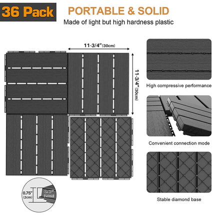 Goovilla Plastic Interlocking Deck Tiles, 36 Pack Patio Deck Tiles, 12"x12" Waterproof Outdoor Flooring All Weather Use, Patio Floor Decking Tiles for Porch Poolside Balcony Backyard, Dark Grey.