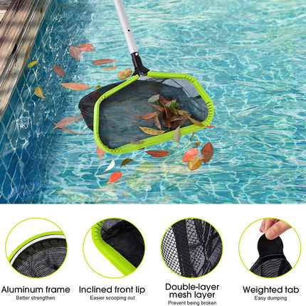 Goovilla Pool Net, Pool Skimmer Net with Double-Layer Deep Bag, Heavy Duty Aluminum Frame Swimming Pool Leaf Skimmer Rake Net with Fine Mesh, Large Pool Cleaning Net for Pond Spa Pool, Green (No Pole).