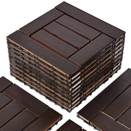 VANCASTLE 9PCS Wood Interlocking Deck Tiles 12"x12", Patio Flooring Outdoor Waterproof All Weather Use, Wood Flooring for Patio Garden Poolside Front/Back Yard, Espresso-Checked.