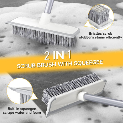 Sunally Floor Scrub Brush with 57" Long Handle, 2 in 1 Scrape Brush Stiff Bristle, Scrub Brush for Deep Cleaning Patio Bathroom Garage Kitchen Wall Deck Tub Tile, Grey White Floor Scraper.