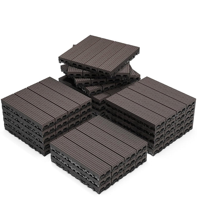 Goovilla Wood Plastic Composite Interlocking Patio Deck Tiles 21 Pack (21 sq. ft), 12"x12" Waterproof Indoor Outdoor Flooring All Weather Use, Balcony Floor Covering Tile, Decking Tiles, Dark Coffee.