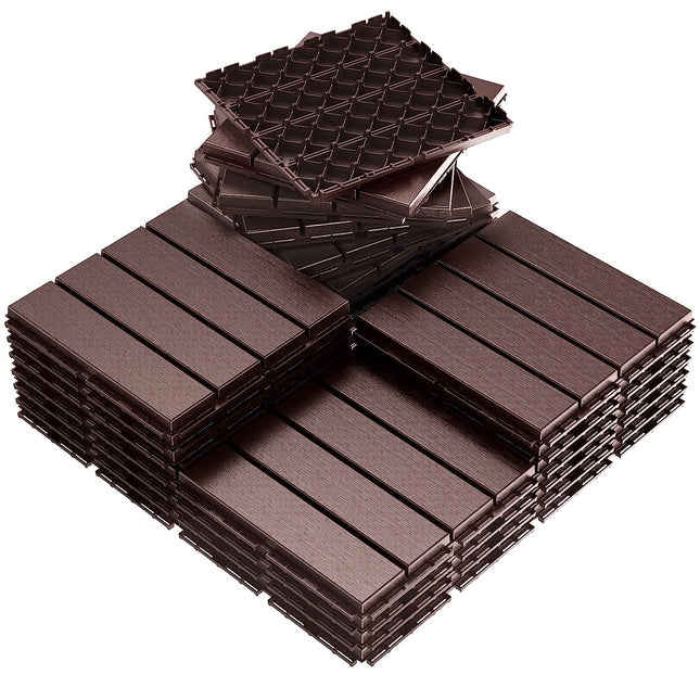 VANCASTLE Plastic Interlocking Deck Tiles, 12"x12"(Pack of 27), Patio Flooring Outdoor Waterproof All Weather Use, Outdoor Flooring for Patio Garden Poolside Front/Back Yard, Dark Brown-Straight.