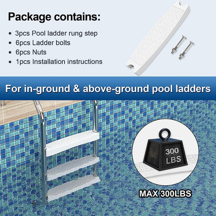Goovilla Pool Ladder Steps Replacement, (3-Pack) 18" Universal Heavy-Duty Molded Plastic Swimming Pool Ladder Rung Step with 6 PCS Stainless Steel Bolts for Inground and Above Ground Pools, White.