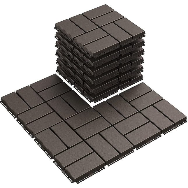 Goovilla Plastic Interlocking Deck Tiles, 9 Pack Outdoor Patio Flooring, 12"x12" Interlocking Decking Tile Outdoor All Weather Use, Waterproof Patio Pavers for Pool Balcony Backyard Porch, Dark Coffee.