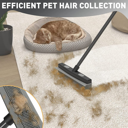 Sunally Rubber Broom Pet Hair Remover, Fur Remover Broom with Squeegee for Fluff Carpet, Hardwood Floor, Tile, Window, Black Grey, Includes Portable Lint Remover Brush.