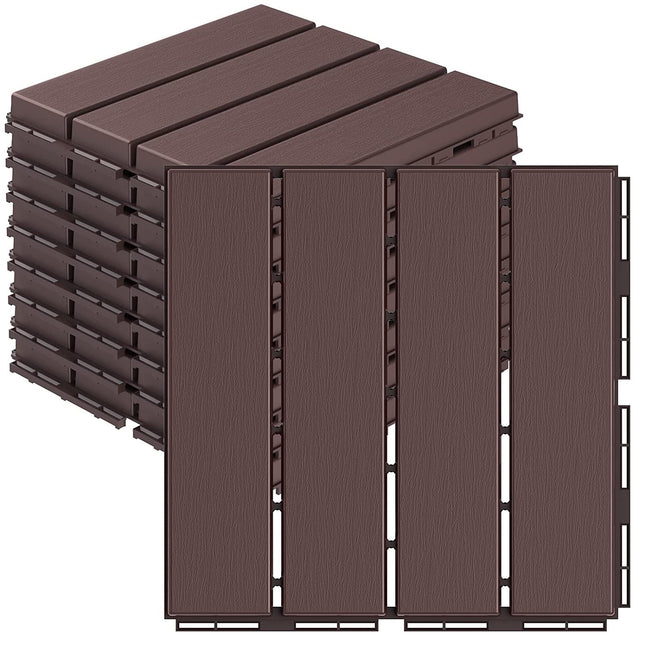 Goovilla Plastic Interlocking Deck Tiles, 9 Pack Patio Deck Tiles, 12"x12" Waterproof Outdoor Flooring All Weather Use, Patio Floor Decking Tiles for Porch Poolside Balcony Backyard, Dark Brown.