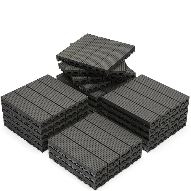 Goovilla Wood Plastic Composite Interlocking Patio Deck Tiles 21 Pack (21 sq. ft), 12"x12" Waterproof Indoor Outdoor Flooring All Weather Use, Balcony Floor Covering Tile, Decking Tiles, Dark Grey.