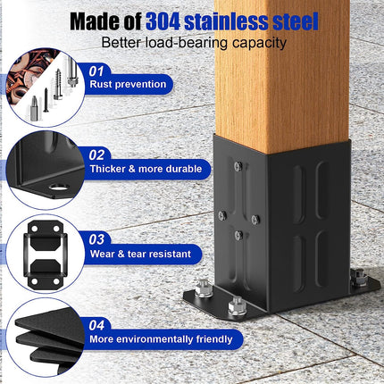 Goovilla 4 x 4 Post Base(inner 3.5"x3.5"), 304 Stainless Steel Post Bracket 4Pack, Coated Wood Fence Post Anchor Base, Heavy Duty Metal Deck Post Base for Mailbox Railing Pergola Concrete Wooden Floor.