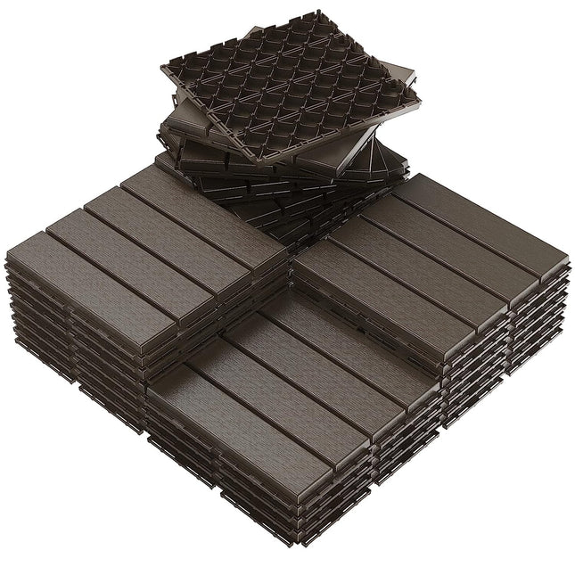 VANCASTLE Plastic Interlocking Deck Tiles, 12"x12"(Pack of 27), Patio Flooring Outdoor Waterproof All Weather Use, Outdoor Flooring for Patio Garden Poolside Front/Back Yard, Dark Coffee-Straight.