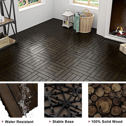 VANCASTLE 9PCS Wood Interlocking Deck Tiles 12"x12", Patio Flooring Outdoor Waterproof All Weather Use, Wood Flooring for Patio Garden Poolside Front/Back Yard, Espresso-Checked.