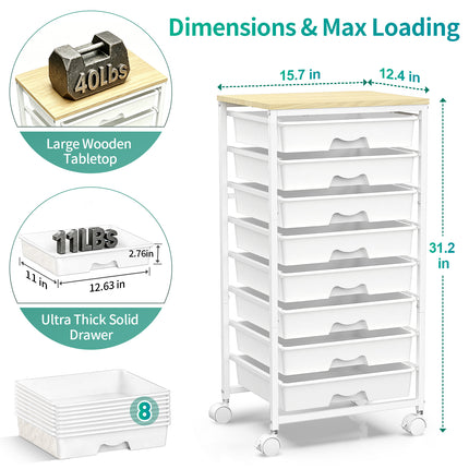 SUNALLY Utility Cart with 8 Drawers, Rolling Storage Drawer Organizers with Wooden Tabletop and Lockable Wheels, 5/8 Tier Craft Trolley Cart for Bedroom Office Dorm