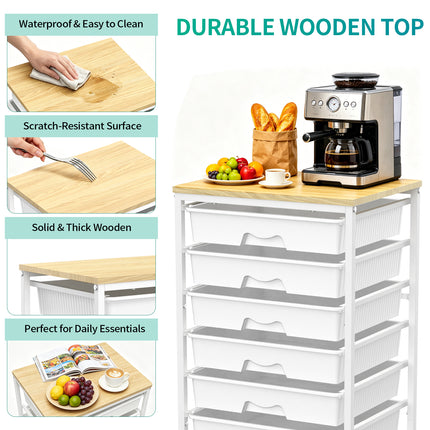 SUNALLY Utility Cart with 8 Drawers, Rolling Storage Drawer Organizers with Wooden Tabletop and Lockable Wheels, 5/8 Tier Craft Trolley Cart for Bedroom Office Dorm