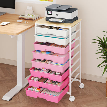 Rolling Storage Cart , Heavy Duty Metal Utility Cart on Lockable Wheels with Wooden Top, Plastic Drawer Organizer Trolley for Office Living Room Classroom Craft Organization