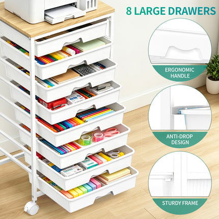 SUNALLY Utility Cart with 8 Drawers, Rolling Storage Drawer Organizers with Wooden Tabletop and Lockable Wheels, 5/8 Tier Craft Trolley Cart for Bedroom Office Dorm