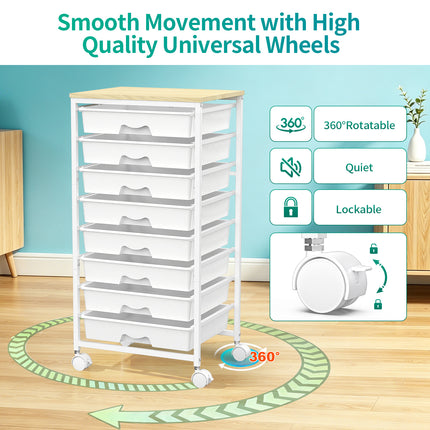 SUNALLY Utility Cart with 8 Drawers, Rolling Storage Drawer Organizers with Wooden Tabletop and Lockable Wheels, 5/8 Tier Craft Trolley Cart for Bedroom Office Dorm