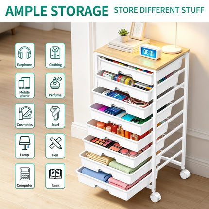 SUNALLY Utility Cart with 8 Drawers, Rolling Storage Drawer Organizers with Wooden Tabletop and Lockable Wheels, 5/8 Tier Craft Trolley Cart for Bedroom Office Dorm
