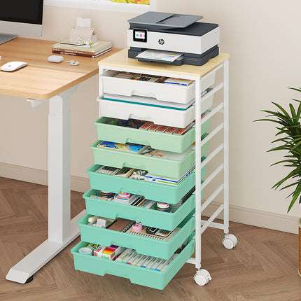 Rolling Storage Cart , Heavy Duty Metal Utility Cart on Lockable Wheels with Wooden Top, Plastic Drawer Organizer Trolley for Office Living Room Classroom Craft Organization