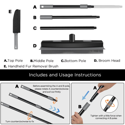 Yeabett Rubber Pet Broom with Squeegee, Pet Hair Remover 56 inches Long Handle, Portable Detailing Lint Brush Fur Removal for Fluff Carpet, Window, Tile, Floor Cleaning,